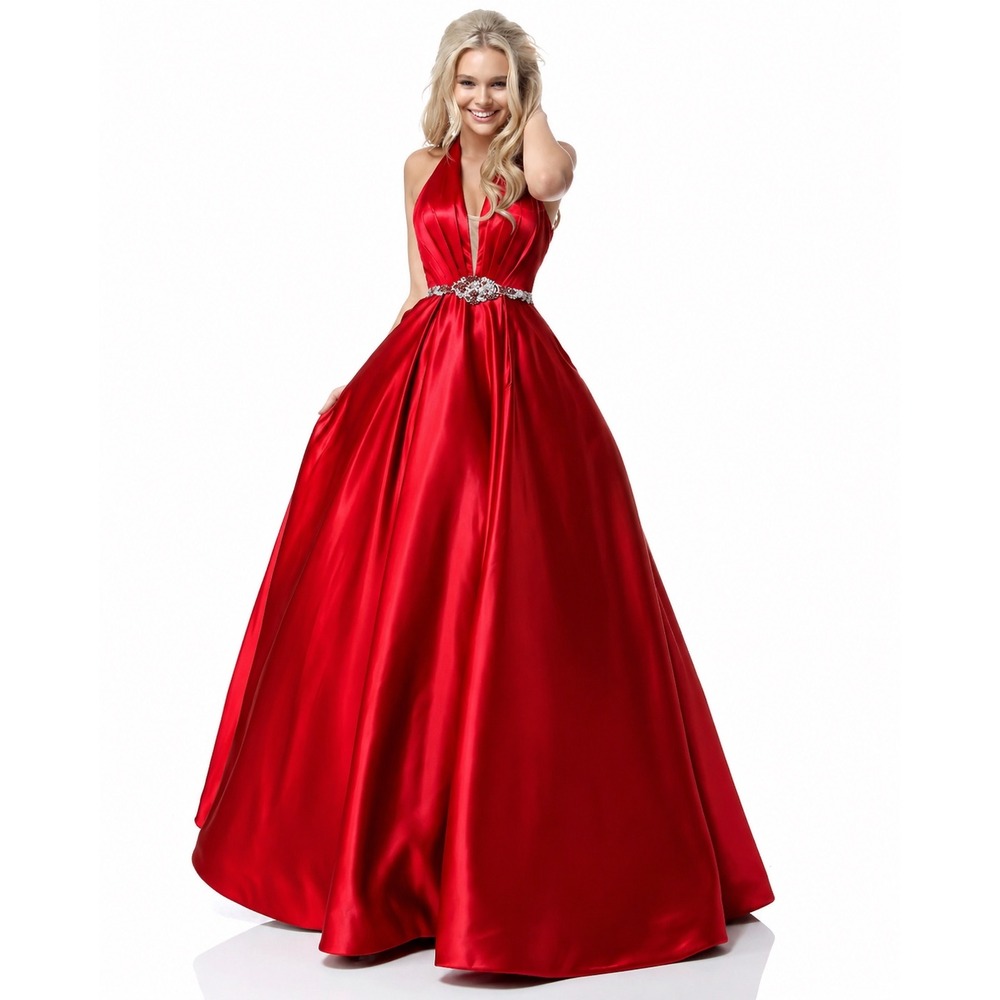 NWT Sherri Hill 51588 Red Halter Ball Gown Beaded‎ Waist Satin Formal Dress Sz 2